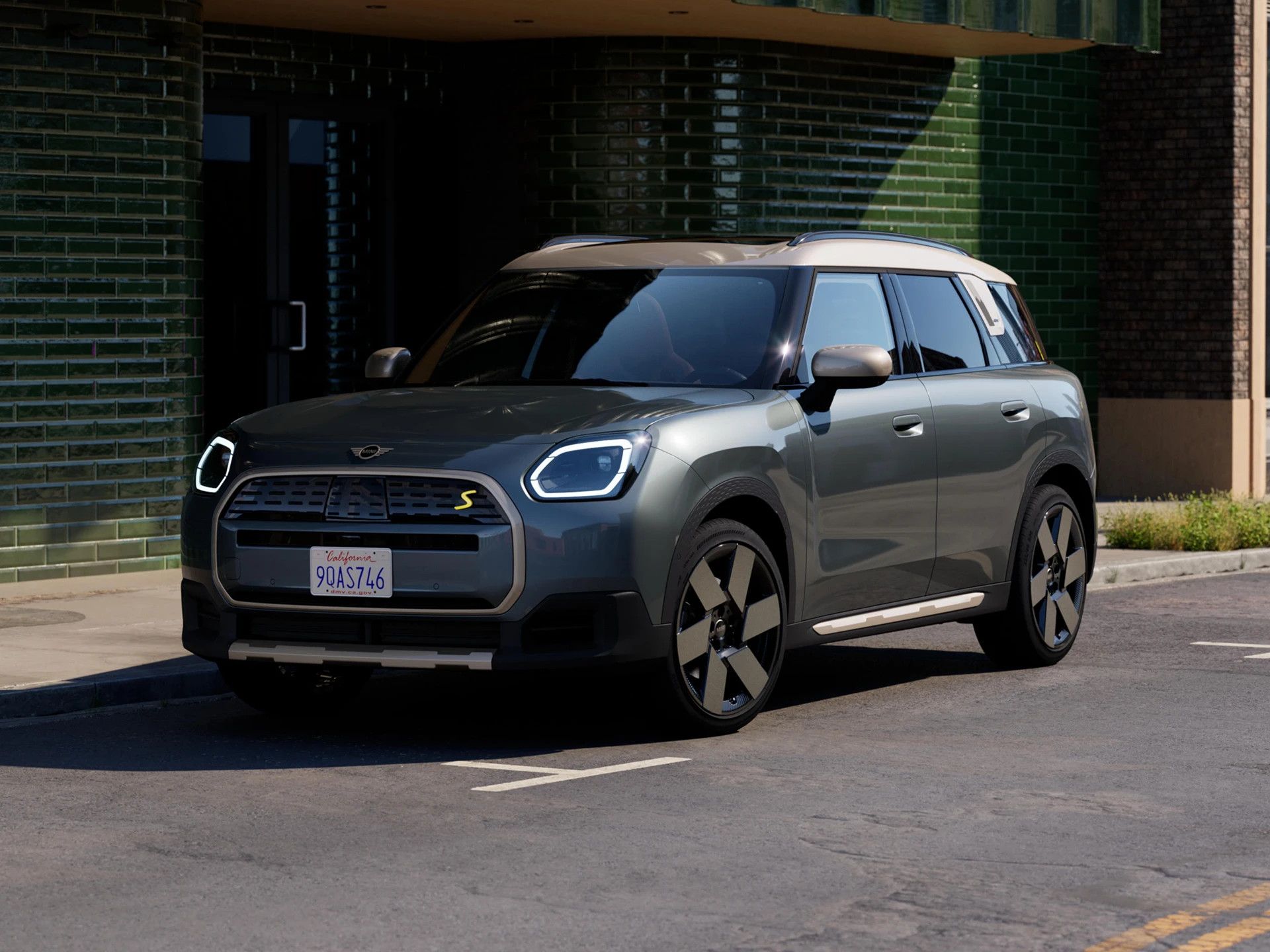 Video showcasing the interior and exterior of an all-electric MINI Countryman in detail. The camera pans over the dashboard, highlighting design elements.