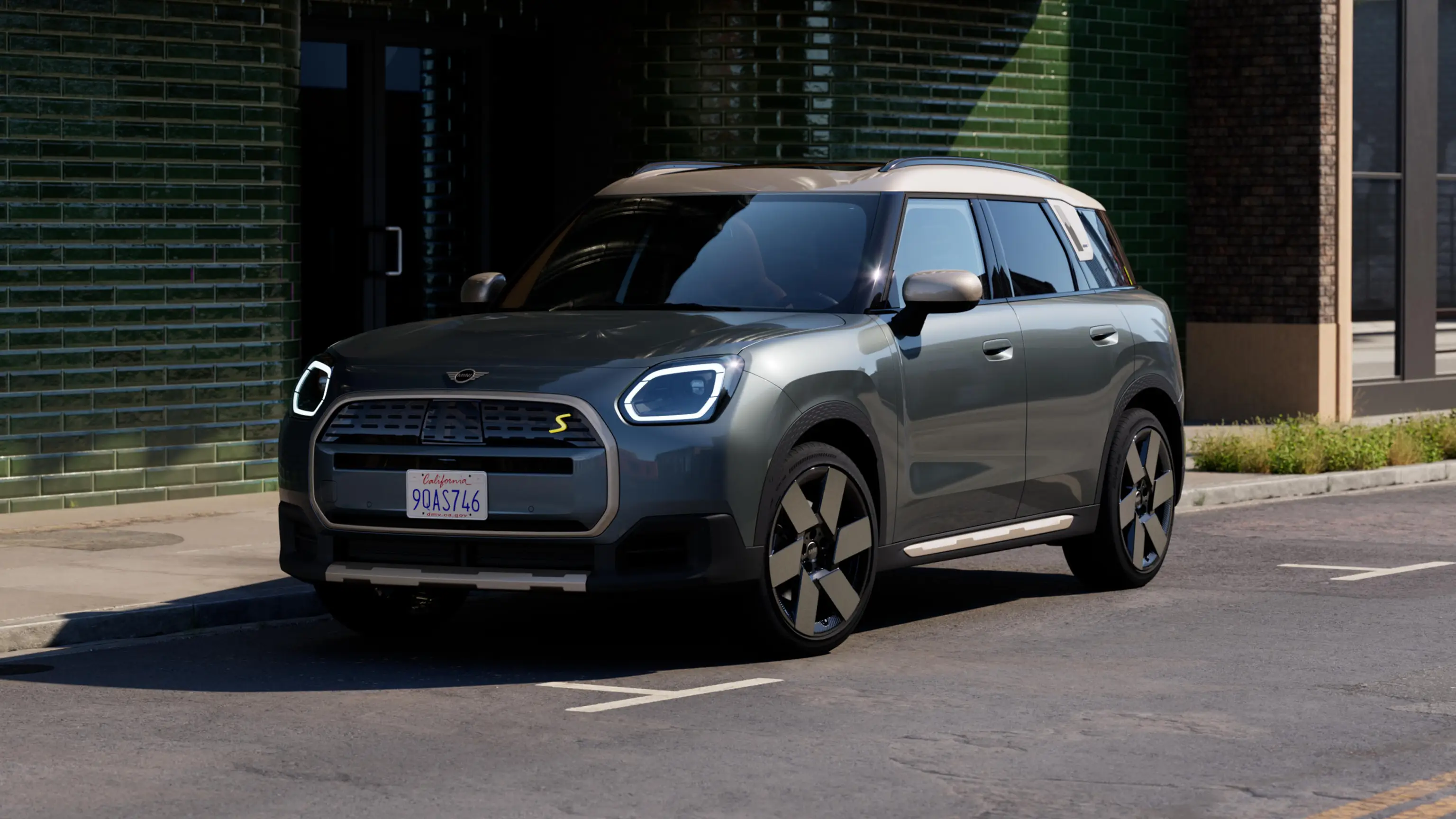 Video showcasing the interior and exterior of an all-electric MINI Countryman in detail. The camera pans over the dashboard, highlighting design elements.