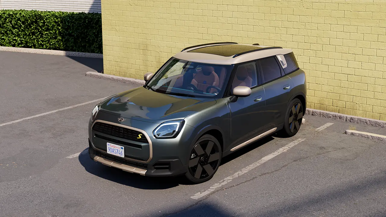 Video showcasing the interior and exterior of a MINI Countryman in detail. The camera pans over the dashboard, highlighting design elements.
