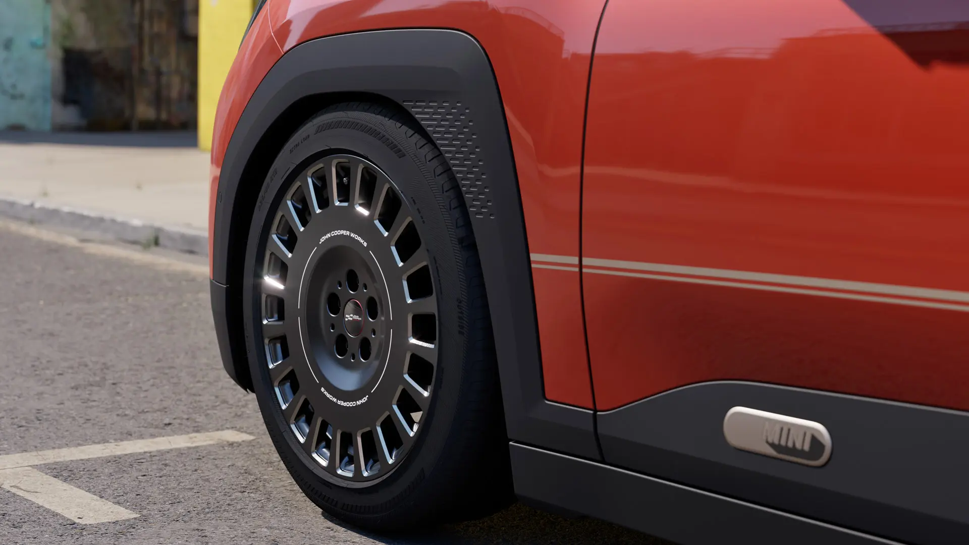 MINI Cooper in Chili Red equipped with 18" John Cooper Works alloy casted summer wheel, Rallye Spoke style 992.